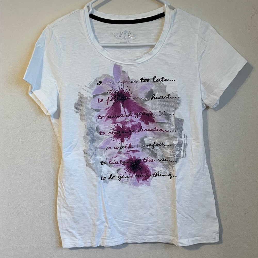 Made for Life White Tee with Purple and Gray Floral Design
